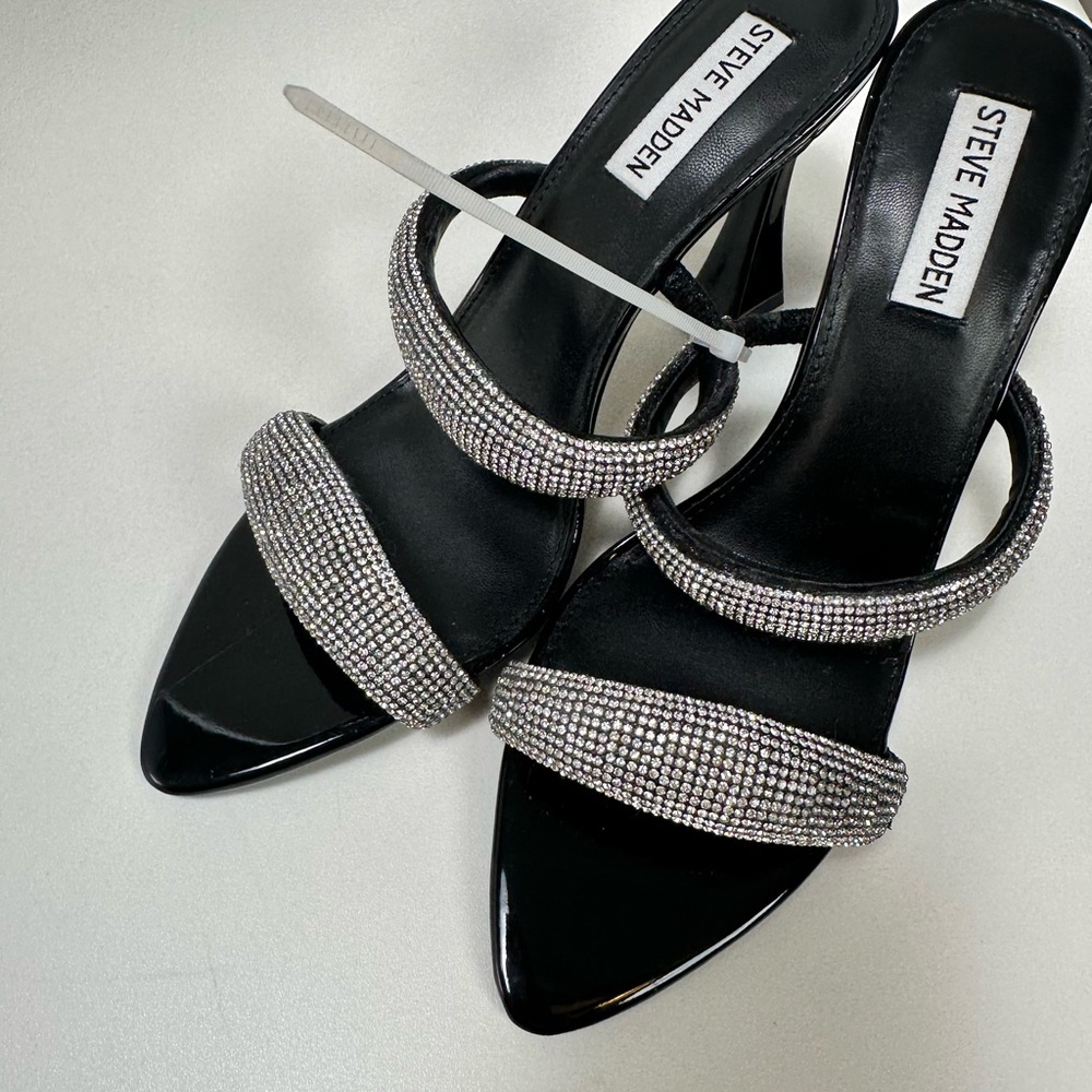 Steveβ Madden Black and Silver Rhinestone Strappy Heels